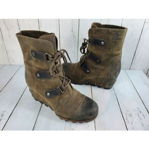 SOREL Joan of Arctic Leather Wedge Mid Boot NL1987-028 WMNS US Sz 8.5 Distress
